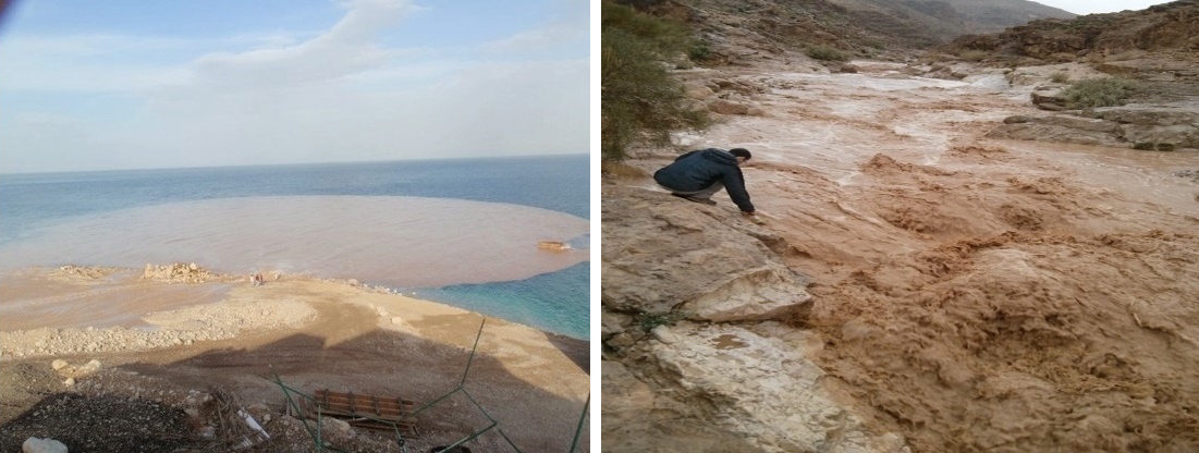 מימין - שיטפון בנחל ערוגות; משמאל - פיזור השיטפון על פני ים המלח. התמונות באדיבות פרופ' מוטי שטיין