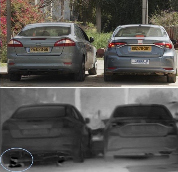 בתמונה העליונה: שתי מכוניות כפי שצולמו במצלמה רגילה, בתמונה התחתונה: שתי מכוניות כפי שצולמו במצלמה תרמית